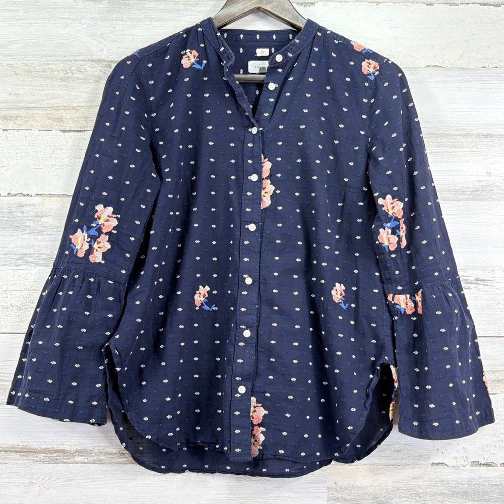 LOFT Softened Shirt Navy Blue Floral Embroidered‎ Bell Sleeve Blouse S Boho